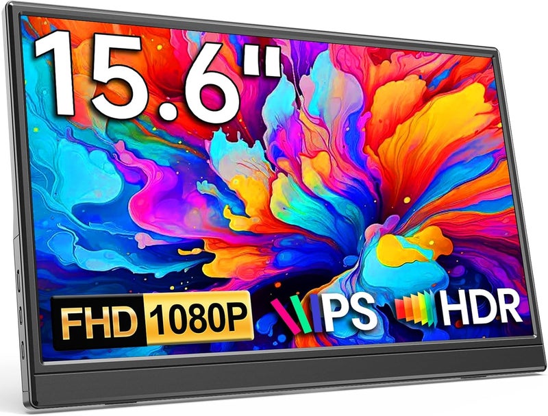 KQC شاشة محمولة 15.6" 1080P FHD IPS، شاشة سفر فائقة النحافة USB-C HDMI مع حامل، موسع شاشة بدون حواف لأجهزة اللابتوب، ماك، هاتف، PS، إكس بوكس، ألعاب سويتش - Image 1